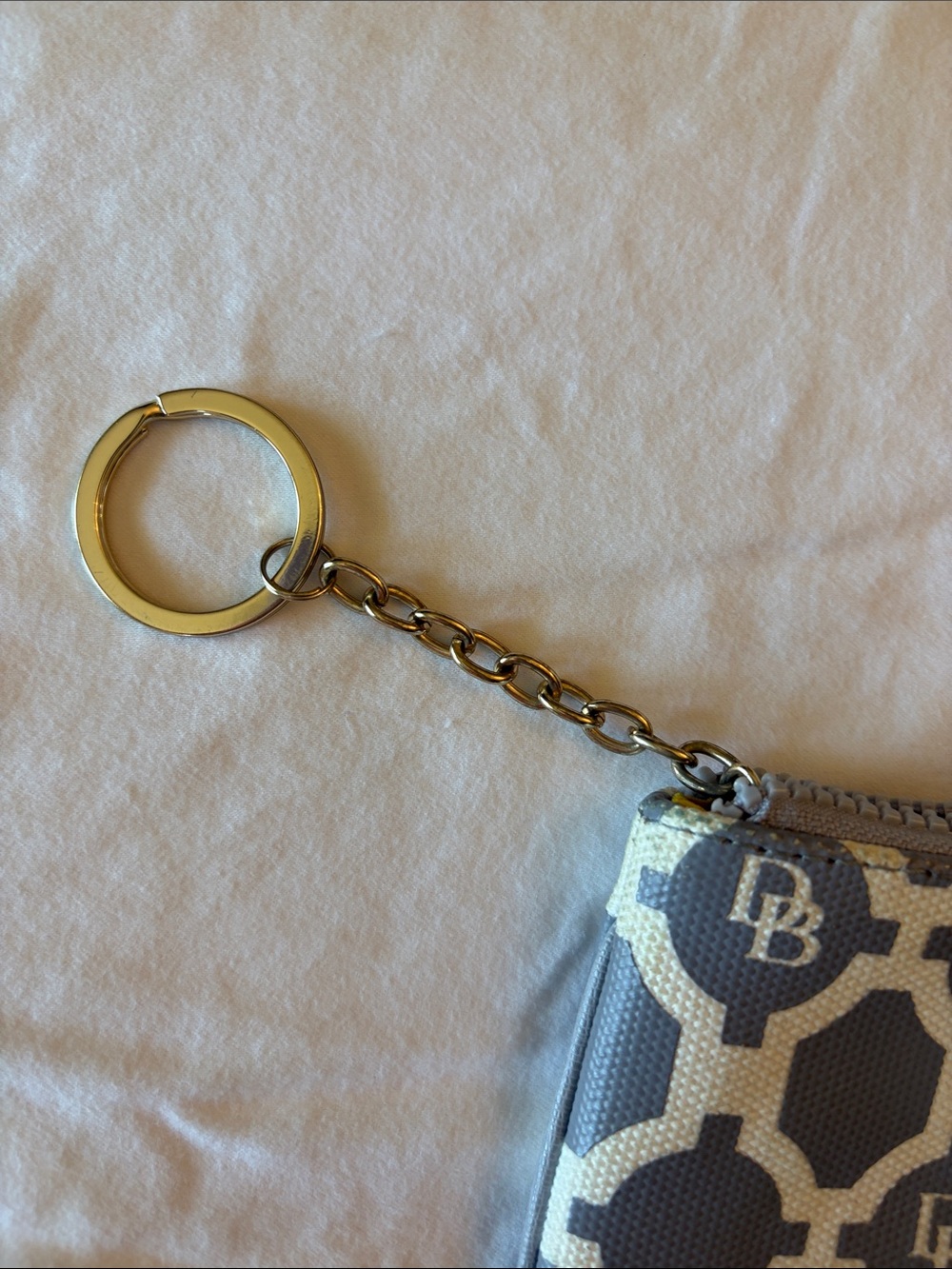 Dooney & Bourke Gray and Cream Logo Wristlet Key Pouch with Gold Hardware - Picture 3 of 12